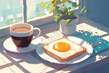 爱心早餐面包盘子中的面包和鸡蛋插画