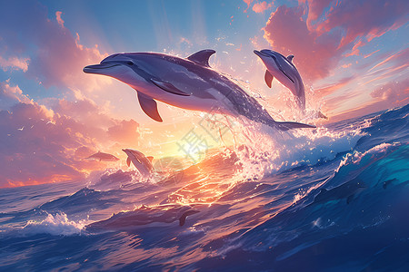 海豚出水日落时海洋中跳跃的海豚插画
