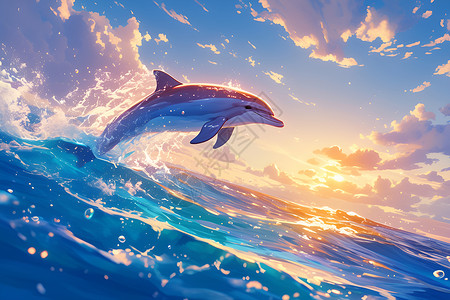 海豚跳跃海洋中的海豚插画