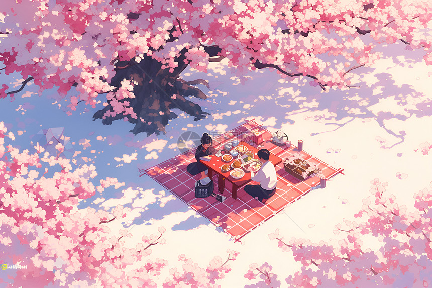 樱花树下野餐的人物图片