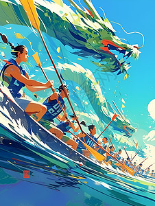 龙舟划桨激烈的龙舟竞赛插画