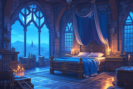 北欧风格大床古堡里的华丽卧室插画