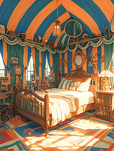 卧室吊灯马戏篷车里的木床插画