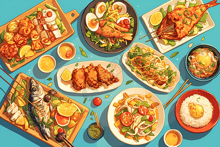 展示的炒菜和鱼肉背景图片