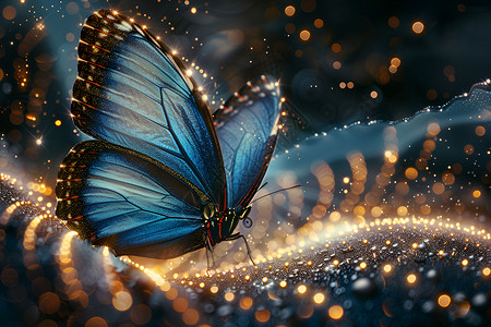 金光穿洞金色光芒里的蓝色蝴蝶插画