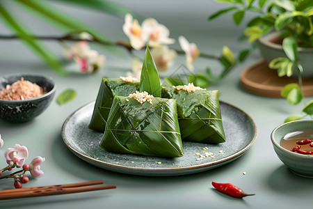绿竹叶包裹的粽子高清图片
