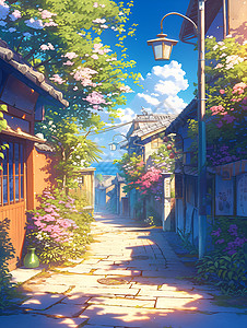 梦幻花朵建筑美丽的街道插画