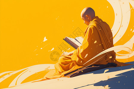 佛陀坐在山上读书的僧人插画