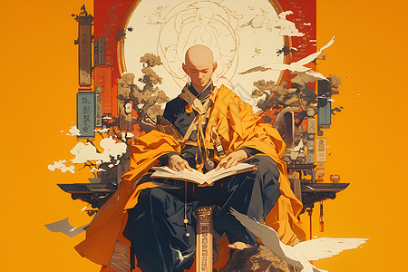 佛陀僧人在阅读经文插画