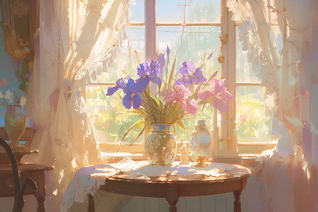 花瓶鲜花窗前桌子上的花朵插画
