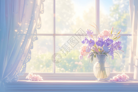鲜花花瓶窗台上摇曳的花朵插画