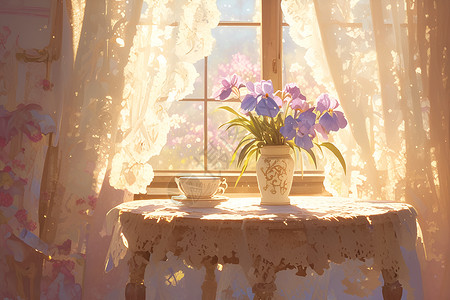 花瓶里鲜花飘动窗帘间的花瓶插画