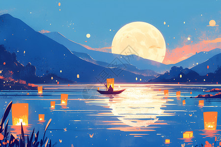 湖光月色湖泊的月色插画