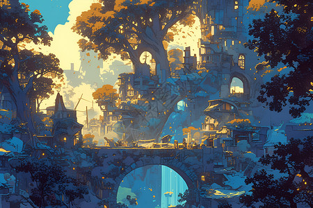 创建森林城市奇幻世界的城市画卷插画