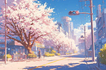 樱花街景樱花盛开的春日街景插画