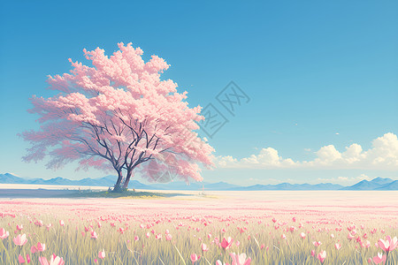 桃花树下的宁静风景背景图片