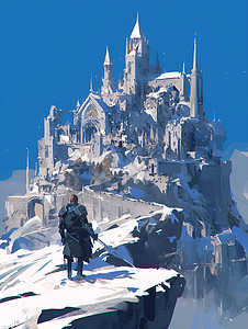 白雪覆盖的山顶城堡背景图片