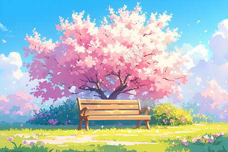 宁静花园桃花树下的长椅插画