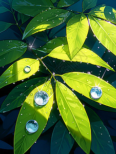 露水滴在绿叶上水滴在的叶子上闪闪发光插画
