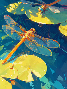 彩色翅膀荷叶上的蜻蜓插画