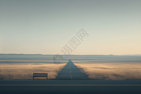 新疆草原公路废弃公路上孤独的长椅插画