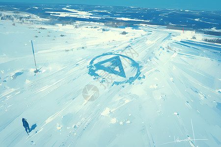 雪地足迹辽阔雪原上的三角标志插画