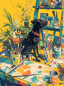 油画工具绘画桌上的黑色狗插画