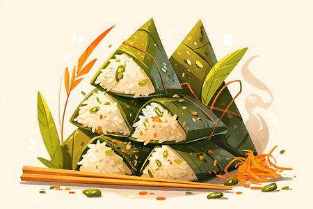 筷子夹菜香气缭绕的粽子插画