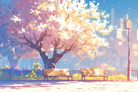樱花树下的长椅插画