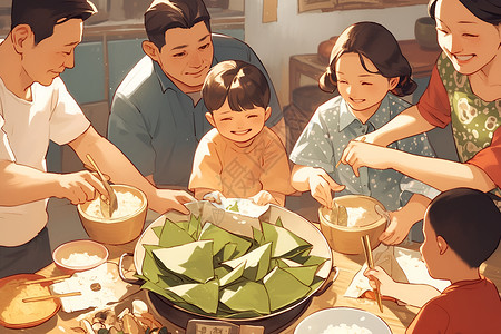 吃粽子一家人一家人围桌共进晚餐插画