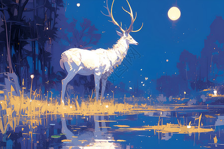 夜晚湖畔的鹿高清图片