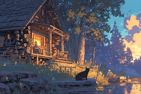湖畔的木屋背景图片