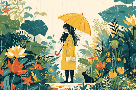 黑色猫咪雨伞女孩的黄色雨伞插画