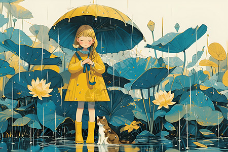 荷叶雨伞雨中的小女孩插画