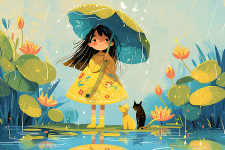 拿伞的少女荷叶伞下的少女与猫插画