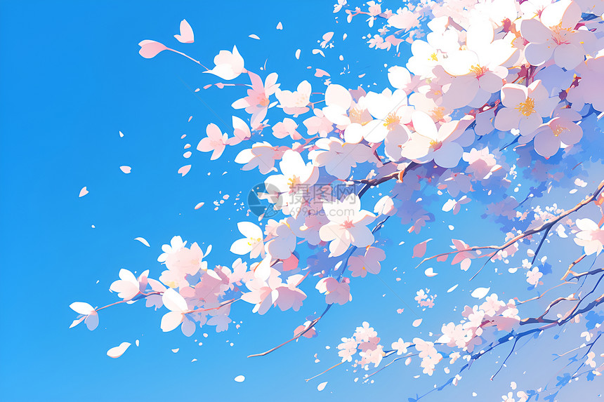 蓝天下盛开的樱花（数字艺术）图片
