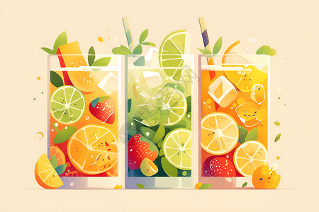 柠檬堆玻璃杯中的水果茶插画