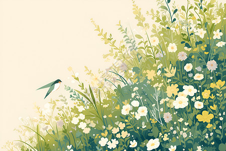 植物绿草花丛花丛中的燕子插画