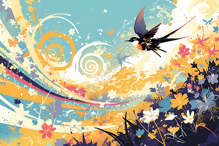 飞翔燕子群飞翔于花海中的鸟插画