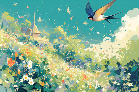 春天田野飞翔的燕子背景图片