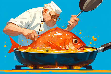 厨艺比赛大厨煎炸鱼插画