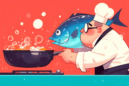 鱼烹饪厨艺精湛的大厨插画