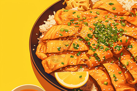 炸鱼丸美味的鱼肉米饭插画