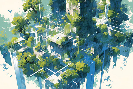 城市丛林城市中的绿色之美插画