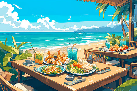 海边餐厅里的美食插画