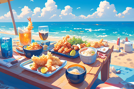 海景餐厅海景中的美食插画
