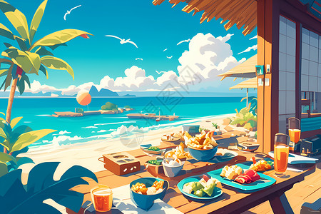 海滩餐厅沙滩上的美食插画