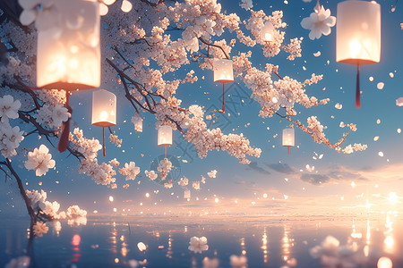 日式樱花灯笼樱花树下的灯笼插画