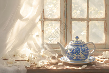 瓷器茶具主图窗户下的茶壶插画