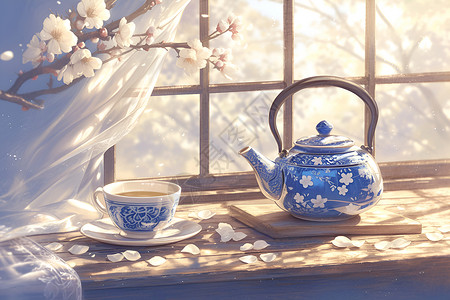 木茶杯木桌上的青花茶具插画